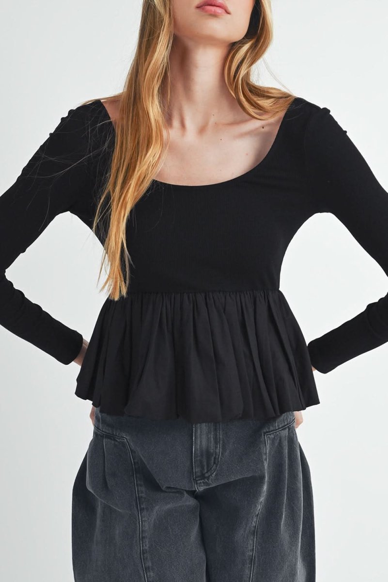 Black Ribbed Knit Long Sleeve Scoop Neck Peplum Patchwork Top - Love Salve